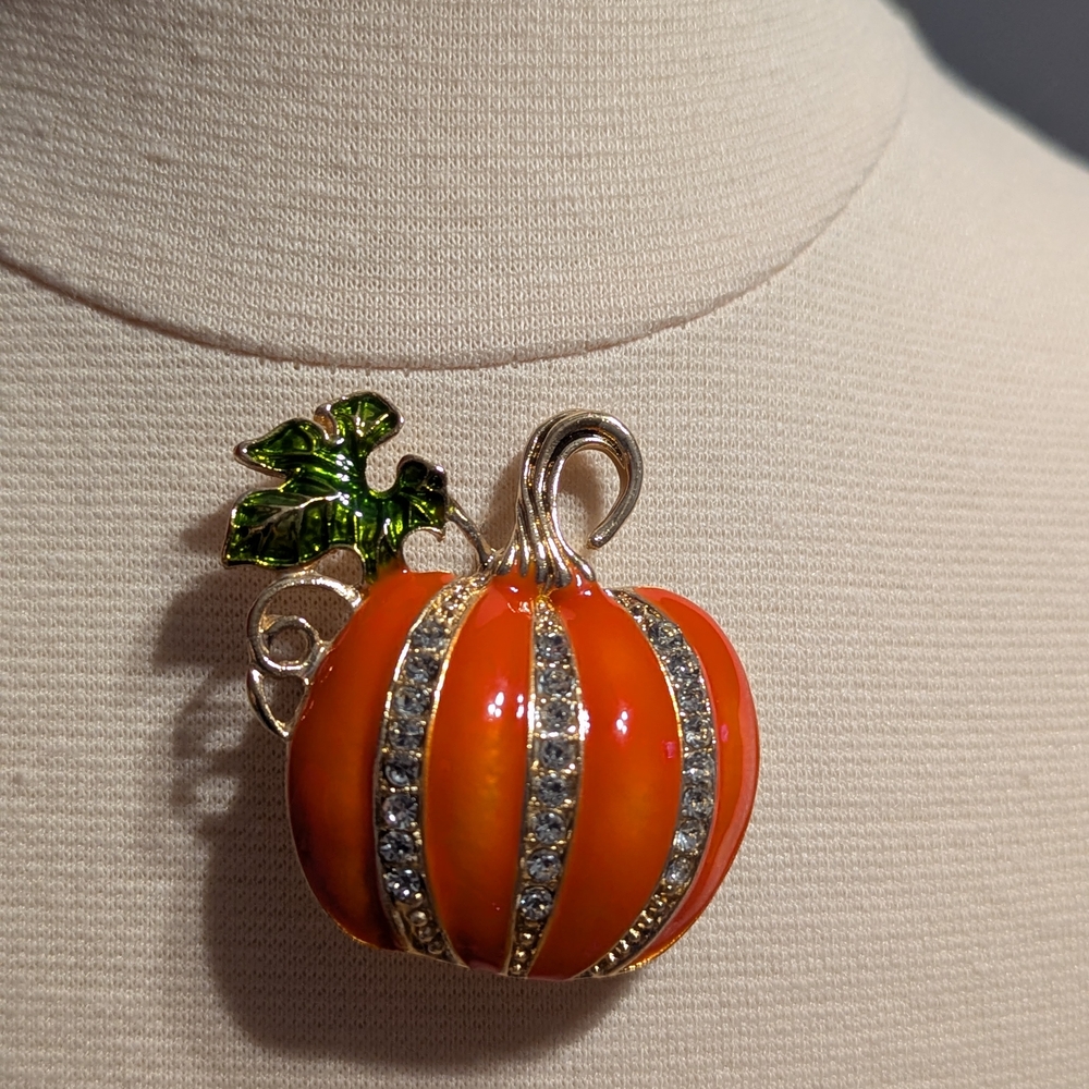 Modern Pumpkin & Rhinestone Brooch